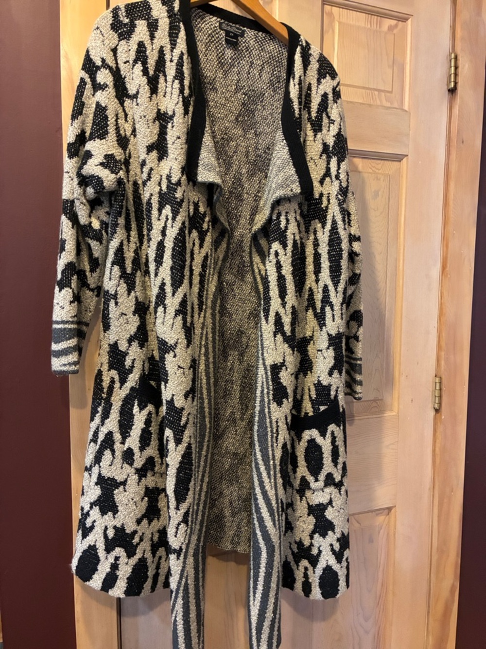 Lucky Brand Black and Cream Open-Front Patterned Cardigan